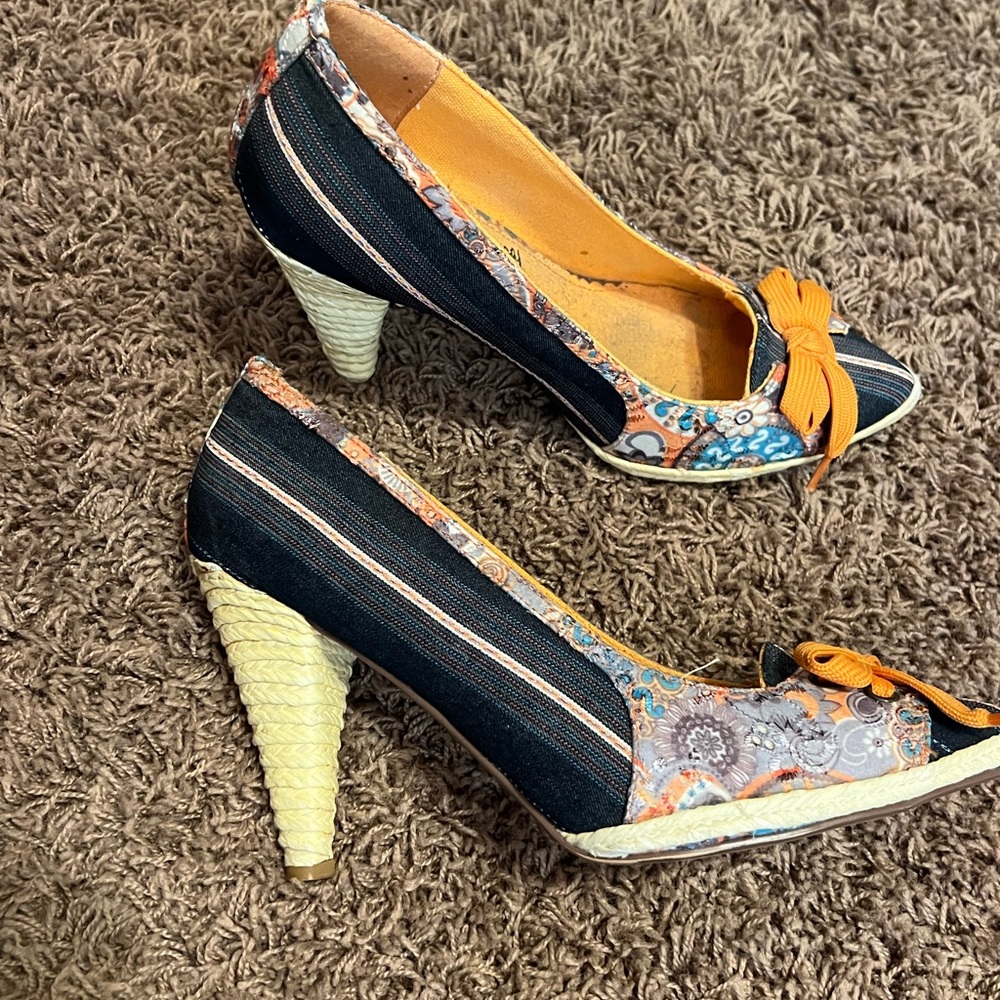 Naught Monkey denim with funky spiral heel. Size 9.5